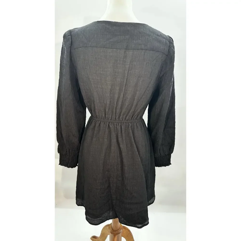 BB Dakota Steve Madden Black V-Neck Long Sleeve Button Mini Dress M - Picture 6 of 7